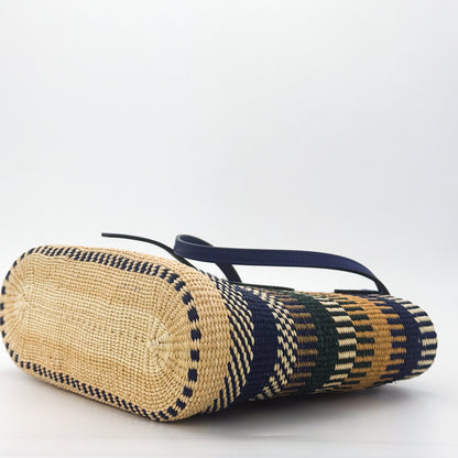 Loewe x Paula's Ibiza Square Basket Bag in striped raffia with cobalt blue leather handles — right side view