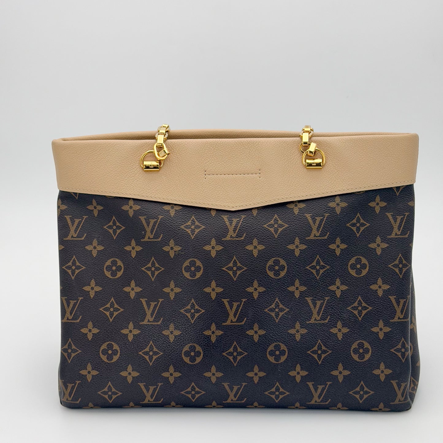 Louis Vuitton Pallas Shopper monogram canvas tote back view with Dune leather trim