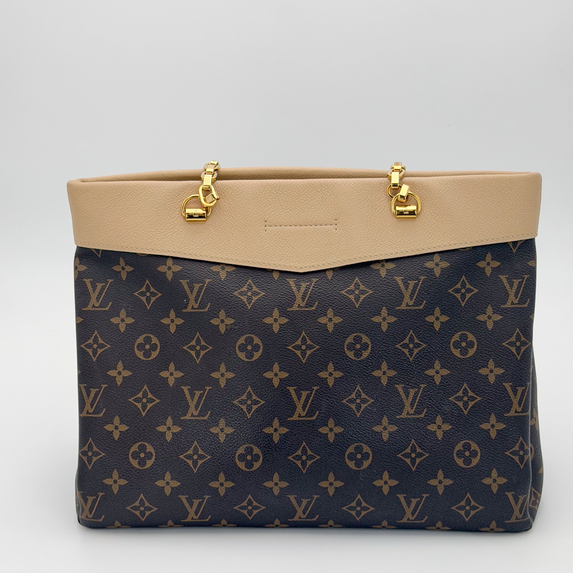 Louis Vuitton Pallas Shopper monogram canvas tote back view with Dune leather trim