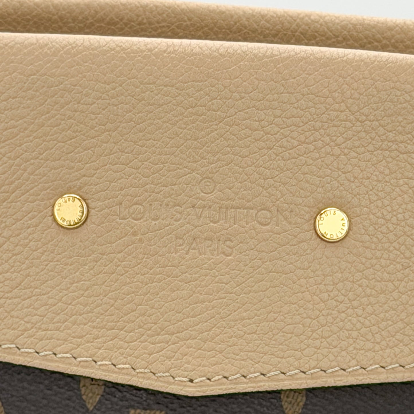 Preloved Louis Vuitton Pallas Shopper tote front view showing Dune leather trim