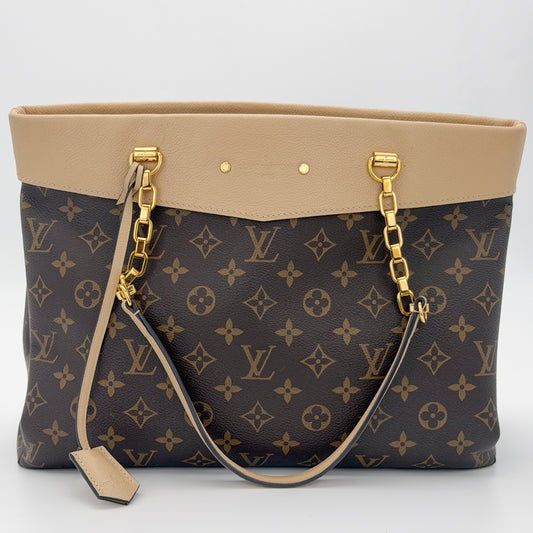 Louis Vuitton Pallas Shopper monogram canvas tote front view with Dune leather trim