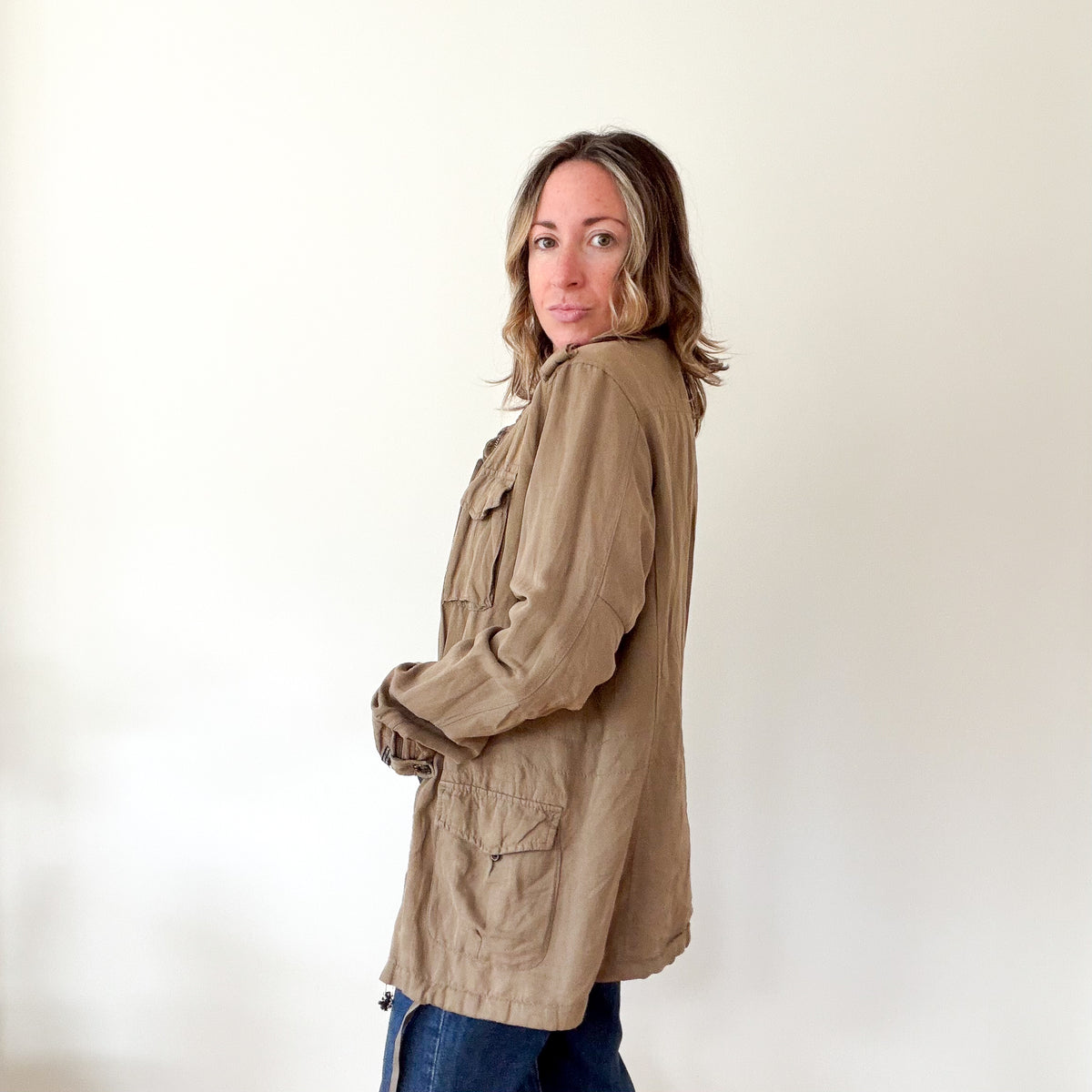 Maison Scotch khaki utility jacket, side view showing relaxed silhouette