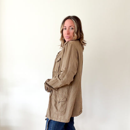 Maison Scotch khaki utility jacket, side view showing relaxed silhouette