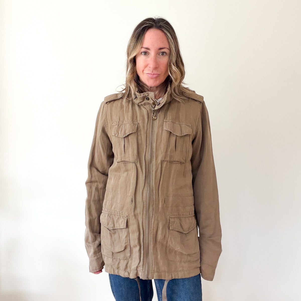 Maison Scotch khaki utility jacket zipped up, front view