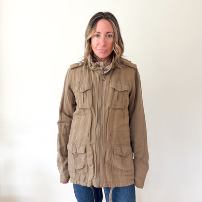 Maison Scotch khaki utility jacket zipped up, front view