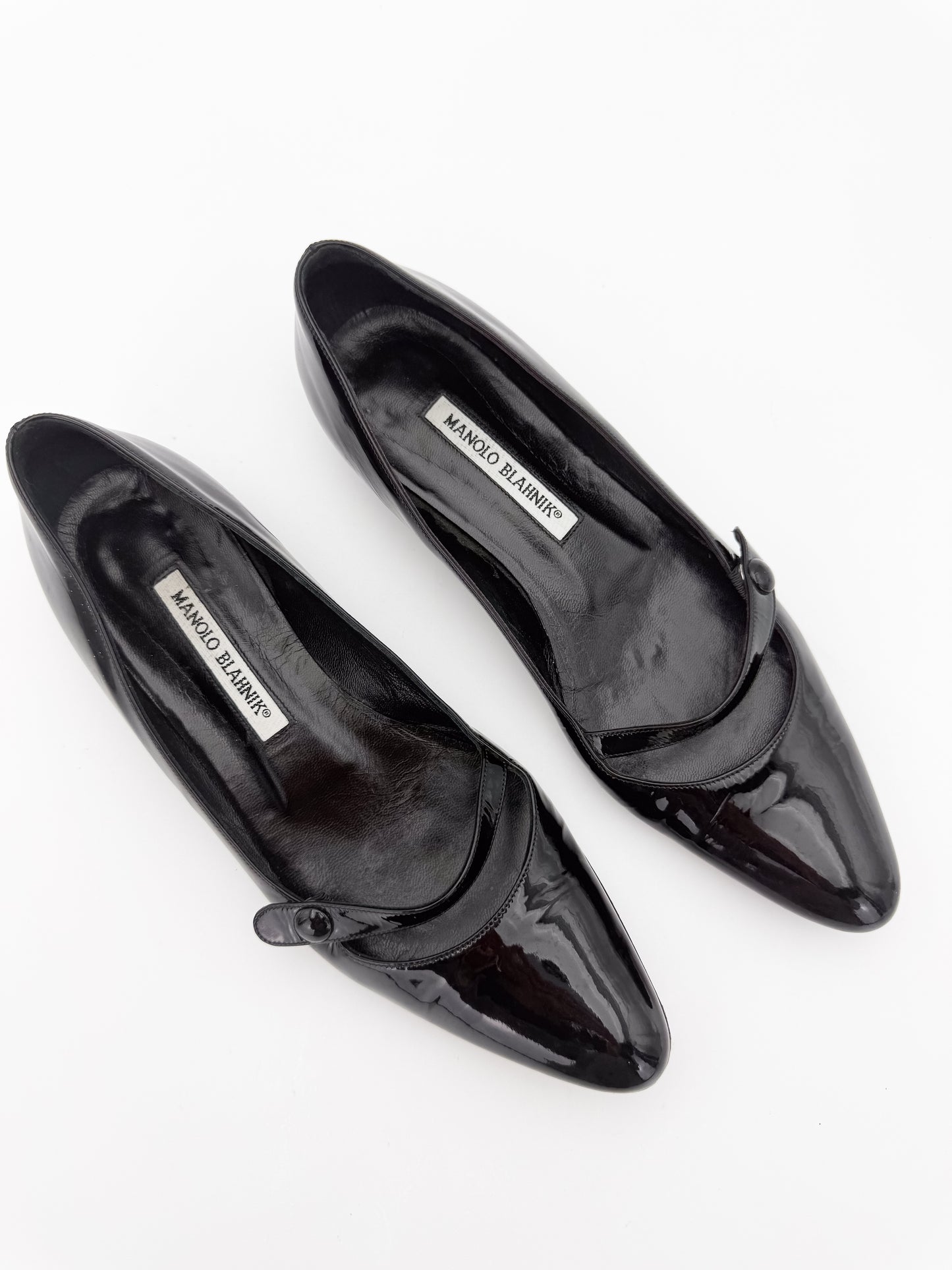 Manolo Blahnik Campari Black Patent Mary Jane Flats - Size 37