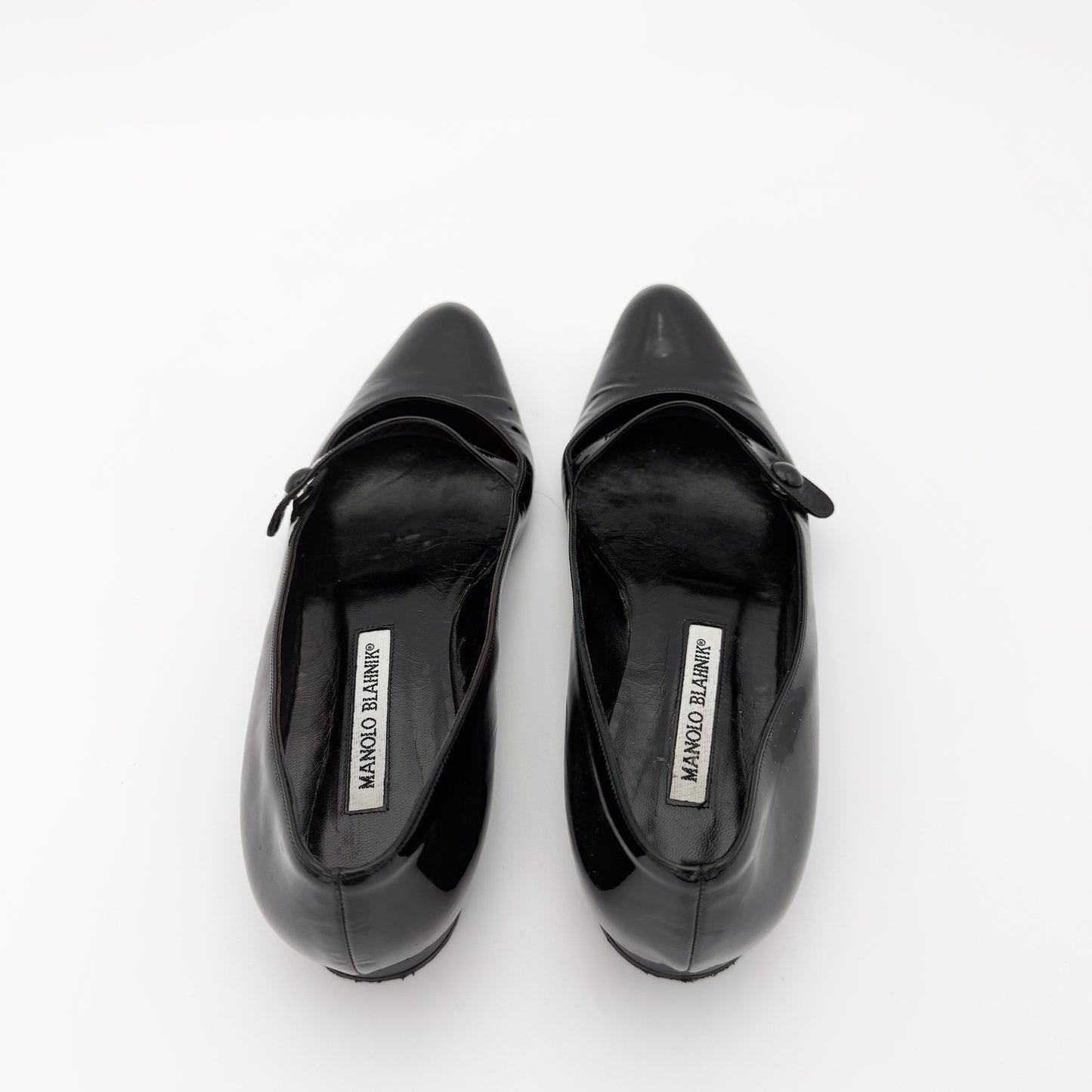 Manolo Blahnik Campari Black Patent Mary Jane Flats - Size 37