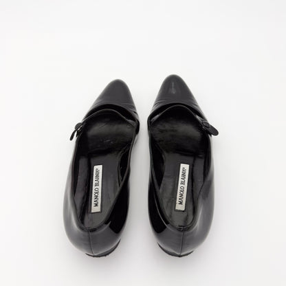 Manolo Blahnik Campari Black Patent Mary Jane Flats - Size 37