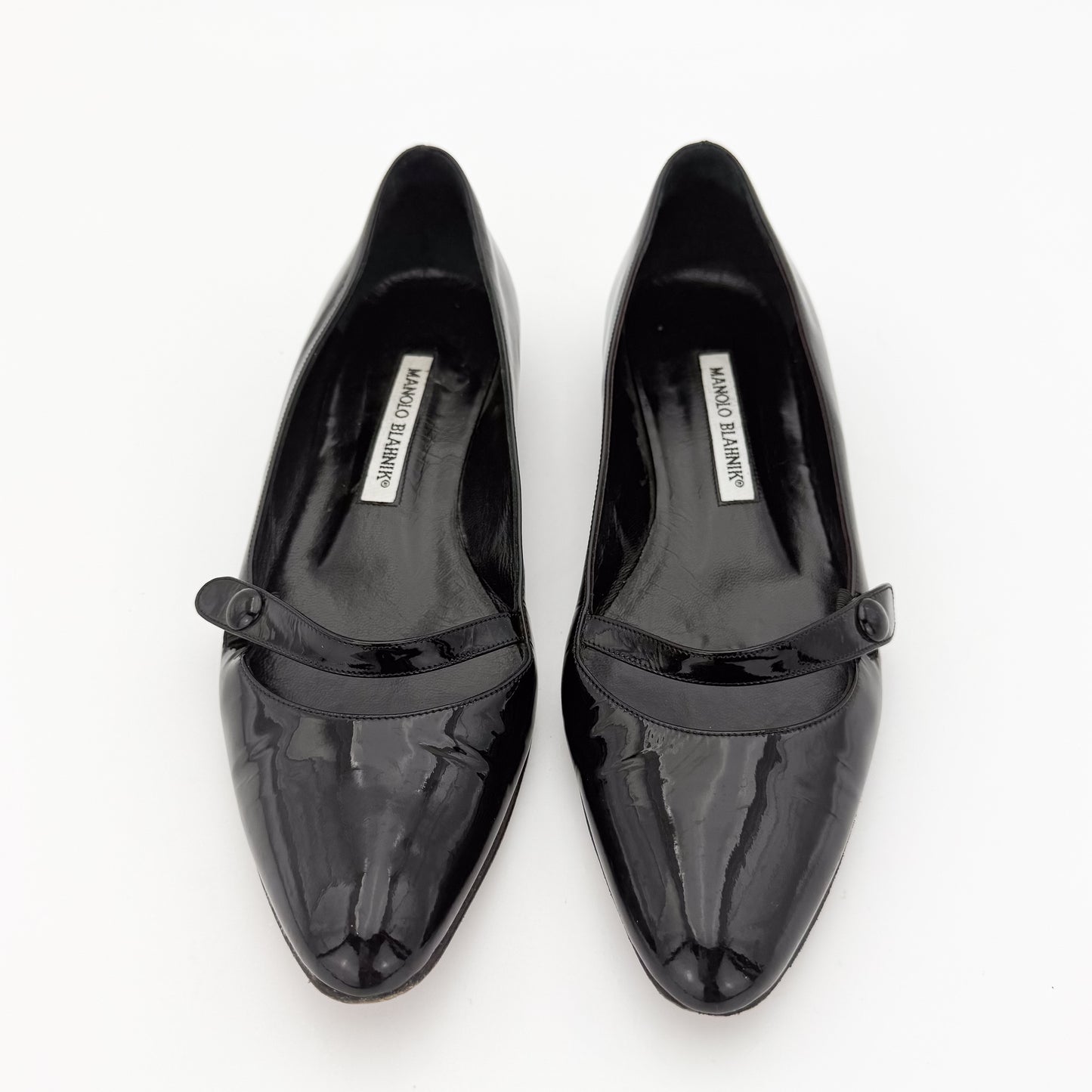 Manolo Blahnik Campari Black Patent Mary Jane Flats - Size 37