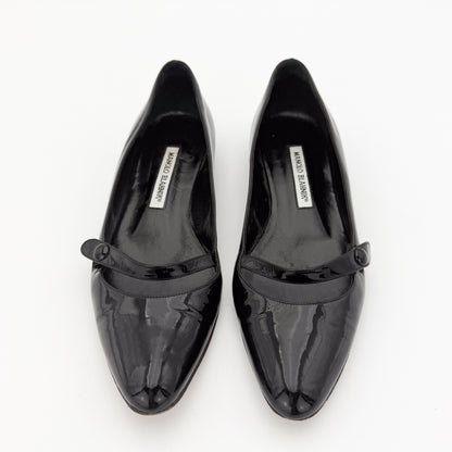 Manolo Blahnik Campari Black Patent Mary Jane Flats - Size 37