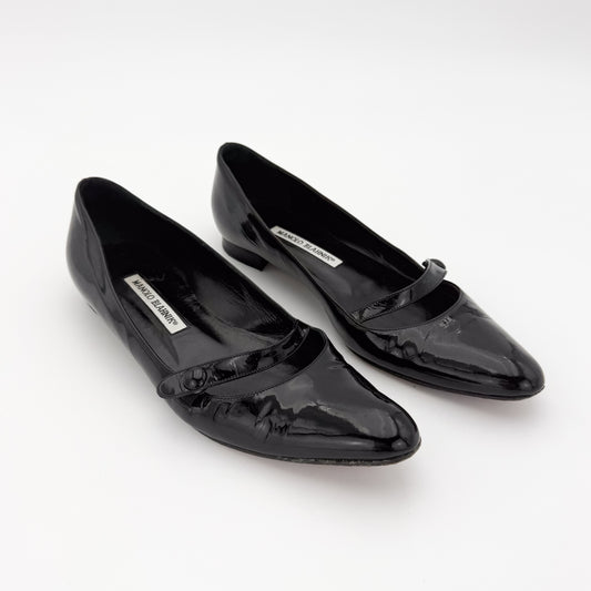 Manolo Blahnik Campari Black Patent Mary Jane Flats - Size 37