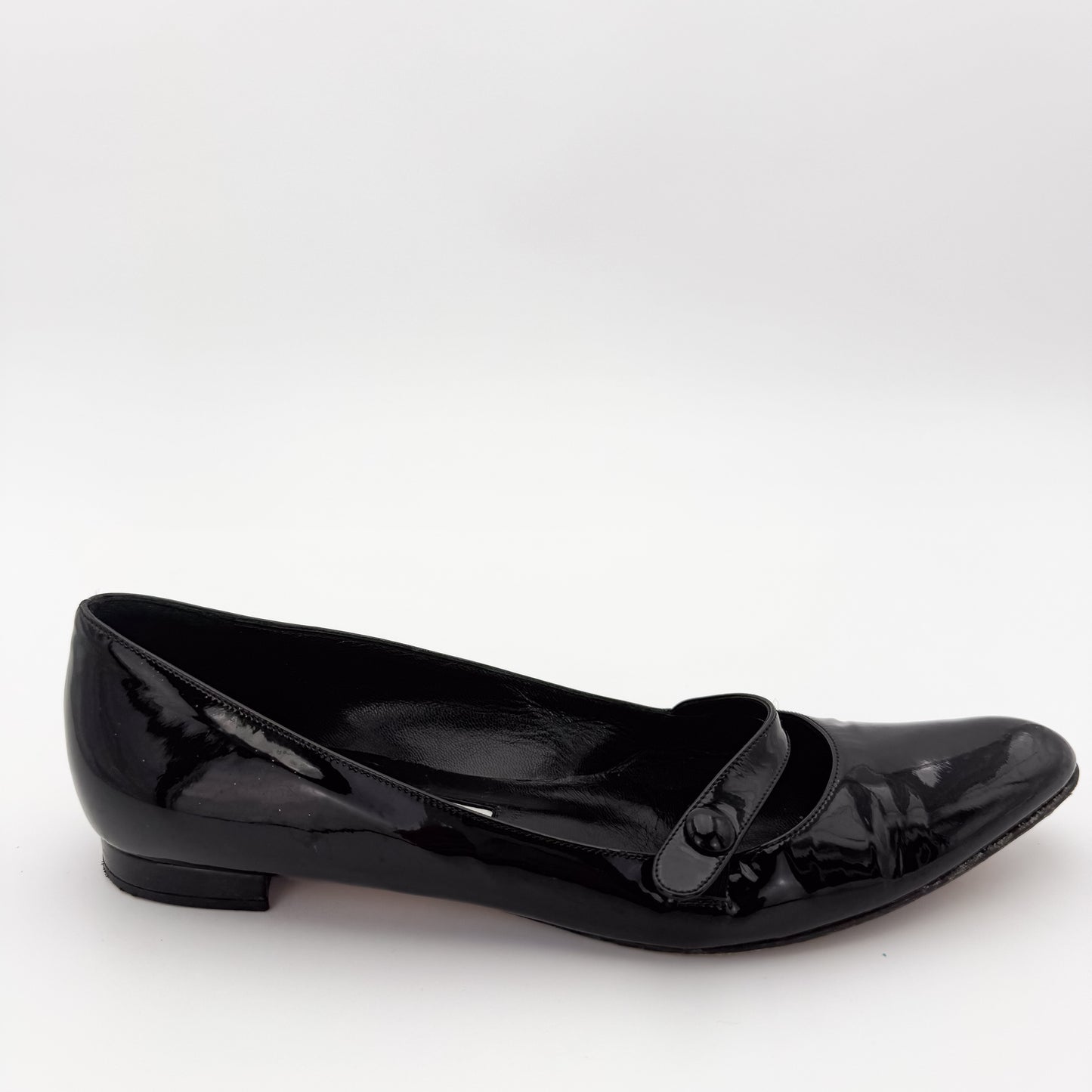 Manolo Blahnik Campari Black Patent Mary Jane Flats - Size 37