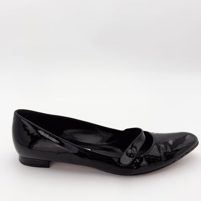 Manolo Blahnik Campari Black Patent Mary Jane Flats - Size 37