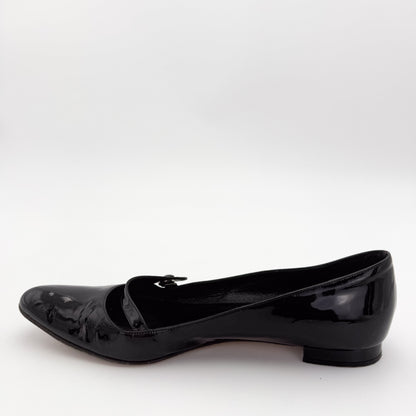 Manolo Blahnik Campari Black Patent Mary Jane Flats - Size 37