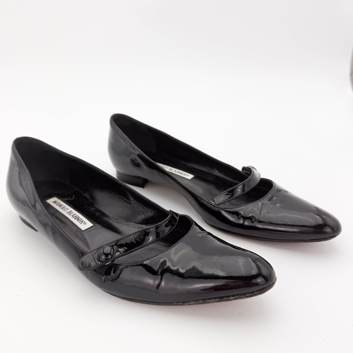 Manolo Blahnik Campari Black Patent Mary Jane Flats - Size 37