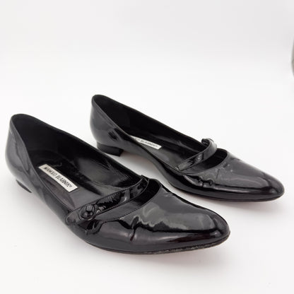 Manolo Blahnik Campari Black Patent Mary Jane Flats - Size 37