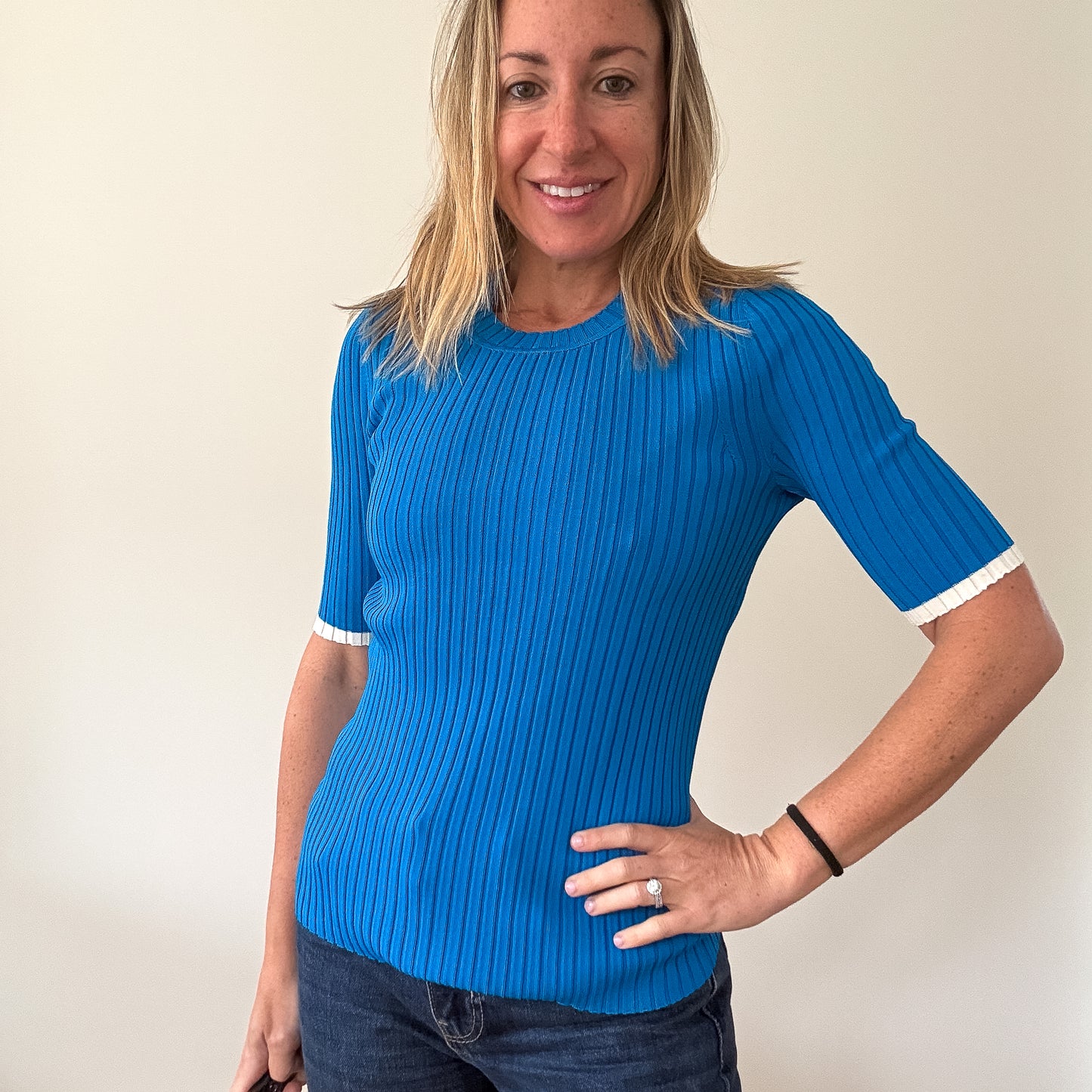 ME+EM Electric Blue Ribbed Knit Short Sleeve Top - Size S