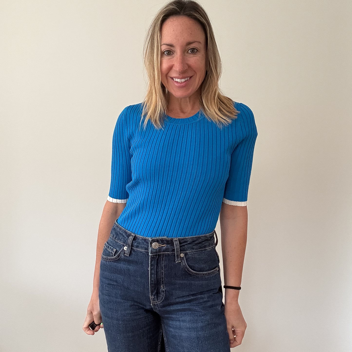 ME+EM Electric Blue Ribbed Knit Short Sleeve Top - Size S