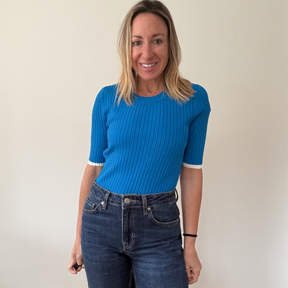 ME+EM Electric Blue Ribbed Knit Short Sleeve Top - Size S