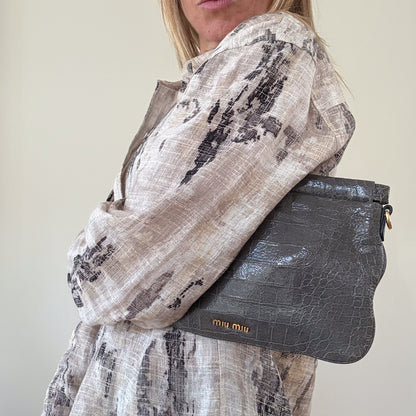 Miu Miu Grey Croc-Effect Leather Clutch & Crossbody Bag