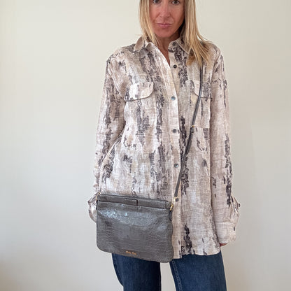 Miu Miu Grey Croc-Effect Leather Clutch & Crossbody Bag