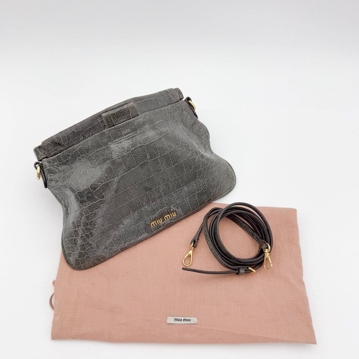 Miu Miu Grey Croc-Effect Leather Clutch & Crossbody Bag