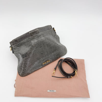 Miu Miu Grey Croc-Effect Leather Clutch & Crossbody Bag