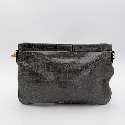 Miu Miu Grey Croc-Effect Leather Clutch & Crossbody Bag