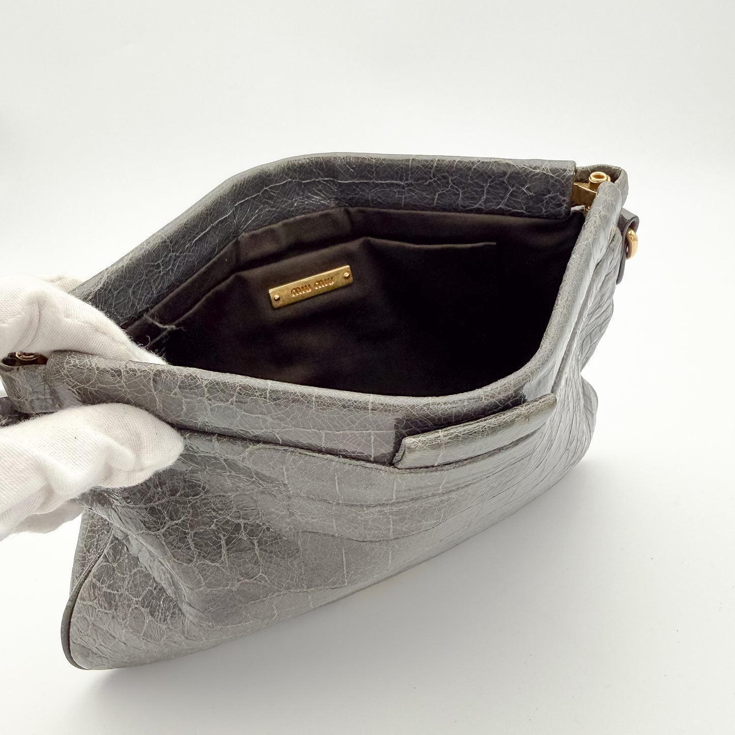 Miu Miu Grey Croc-Effect Leather Clutch & Crossbody Bag