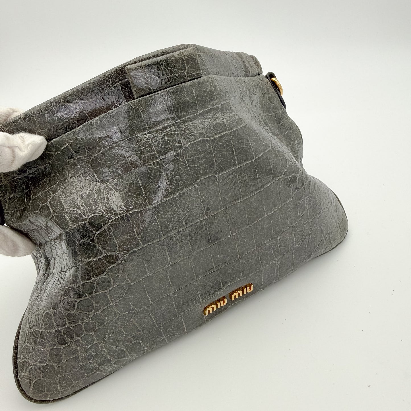 Miu Miu Grey Croc-Effect Leather Clutch & Crossbody Bag