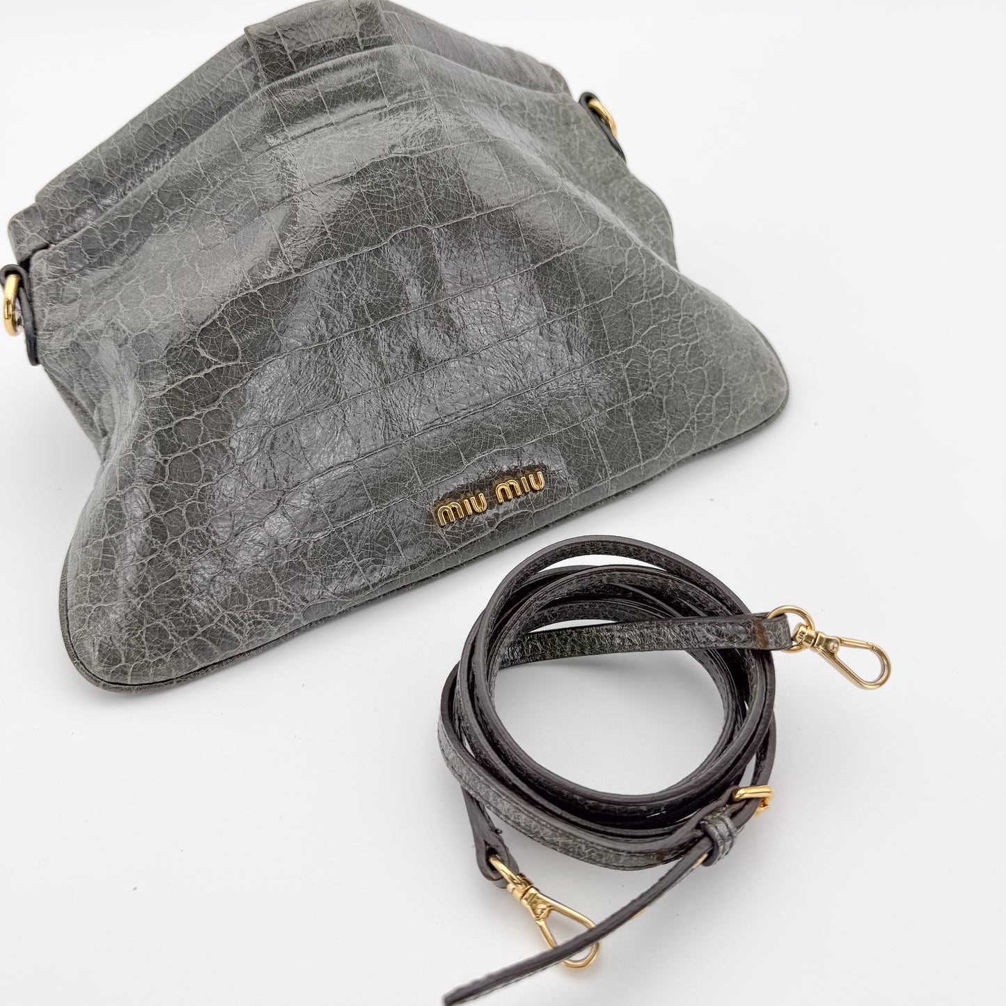 Miu Miu Grey Croc-Effect Leather Clutch & Crossbody Bag