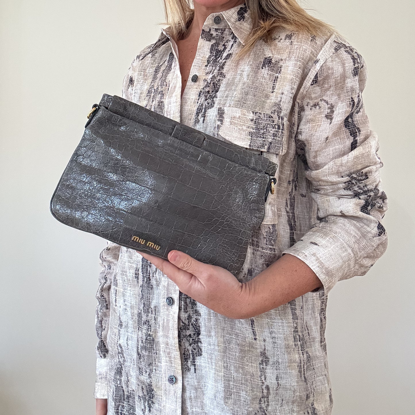 Miu Miu Grey Croc-Effect Leather Clutch & Crossbody Bag