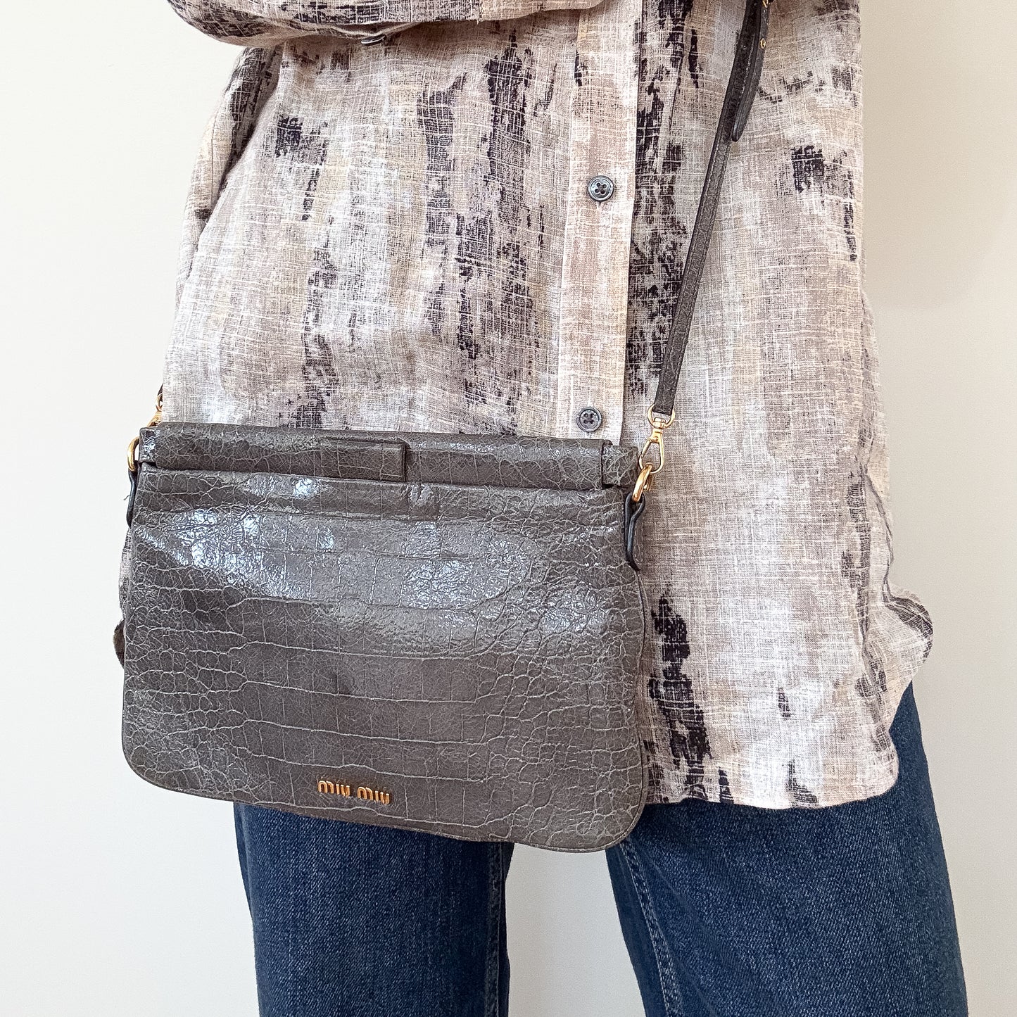 Miu Miu Grey Croc-Effect Leather Clutch & Crossbody Bag