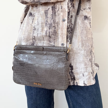 Miu Miu Grey Croc-Effect Leather Clutch & Crossbody Bag