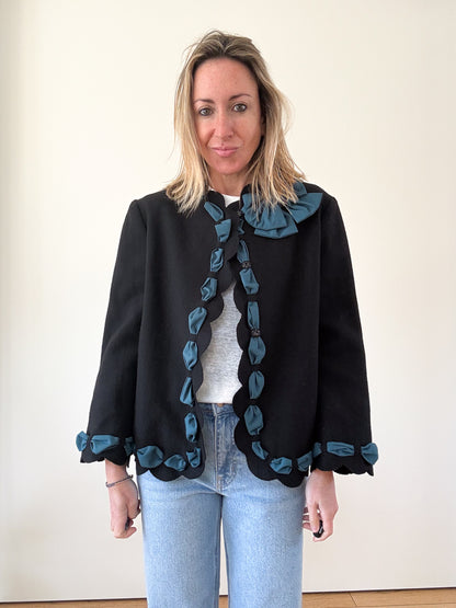 Moschino Cheap & Chic Black Scalloped Trim Bow Detail Jacket - Size 14