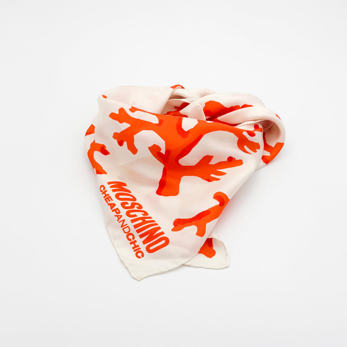 Moschino Cheap and Chic Cream Silk Scarf with Orange Coral Print (RRP £200) | Authentic Preloved