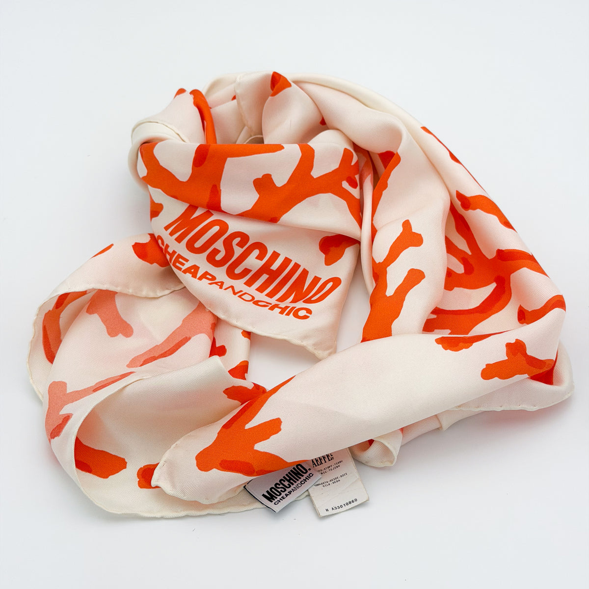 Moschino Cheap and Chic Cream Silk Scarf with Orange Coral Print (RRP £200) | Authentic Preloved
