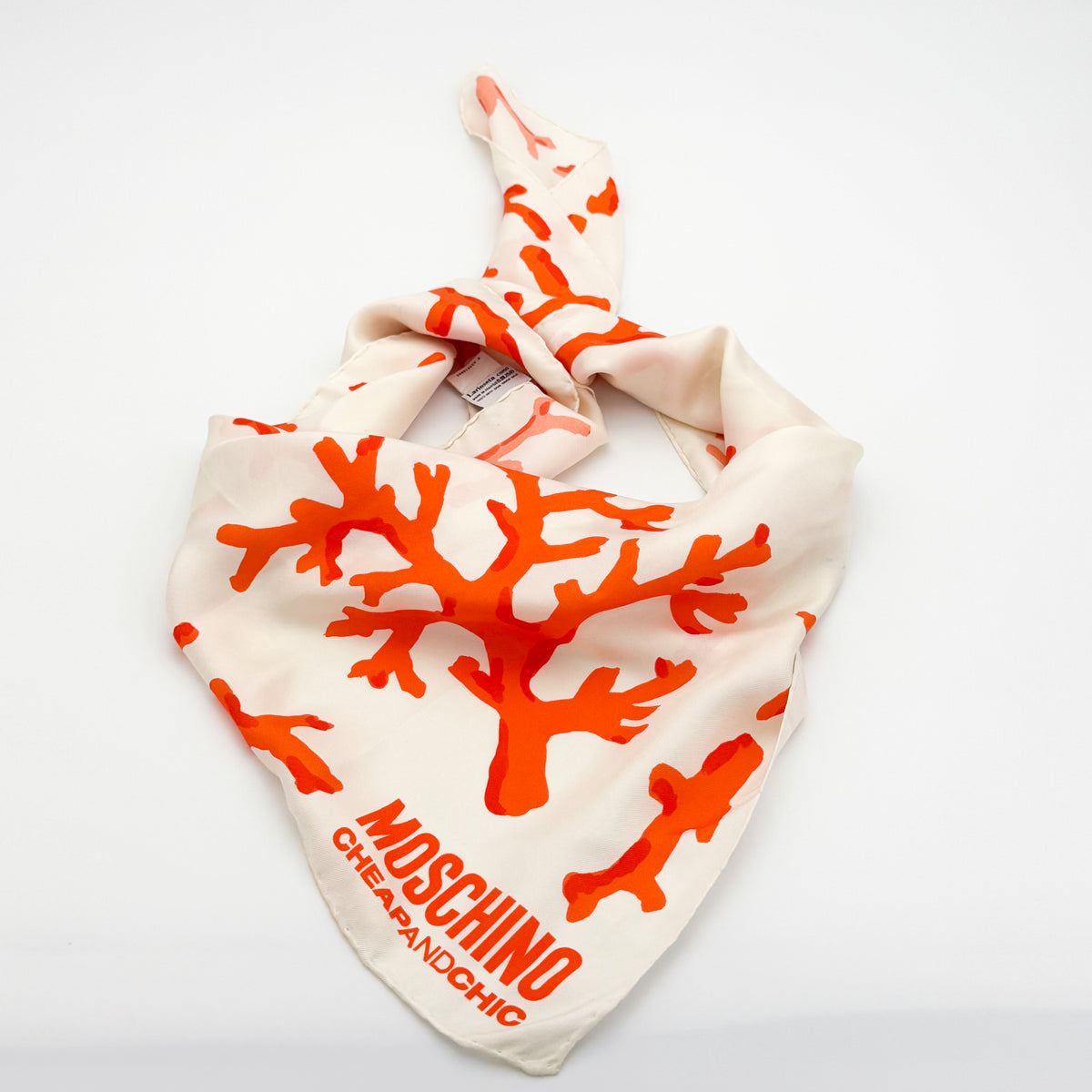 Moschino Cheap and Chic Cream Silk Scarf with Orange Coral Print (RRP £200) | Authentic Preloved