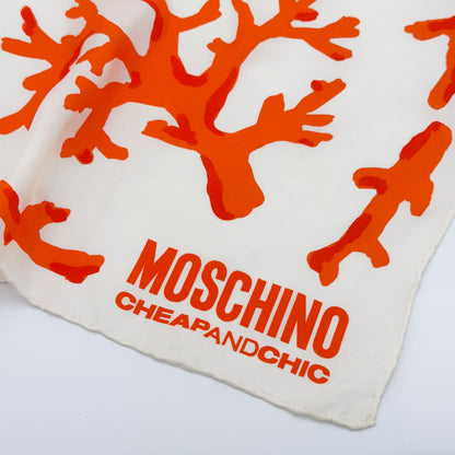 Moschino Cheap and Chic Cream Silk Scarf with Orange Coral Print (RRP £200) | Authentic Preloved