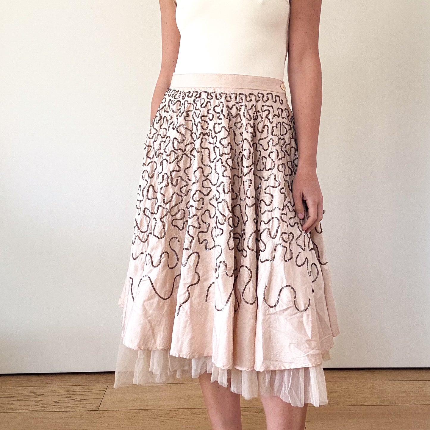 P.A.R.O.S.H. Blush Silk Taffeta & Sequin Skirt - Size XS