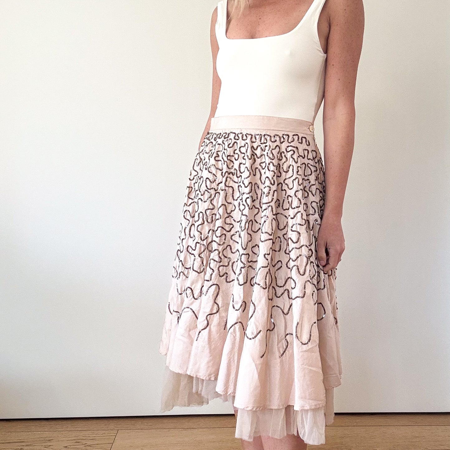 P.A.R.O.S.H. Blush Silk Taffeta & Sequin Skirt - Size XS