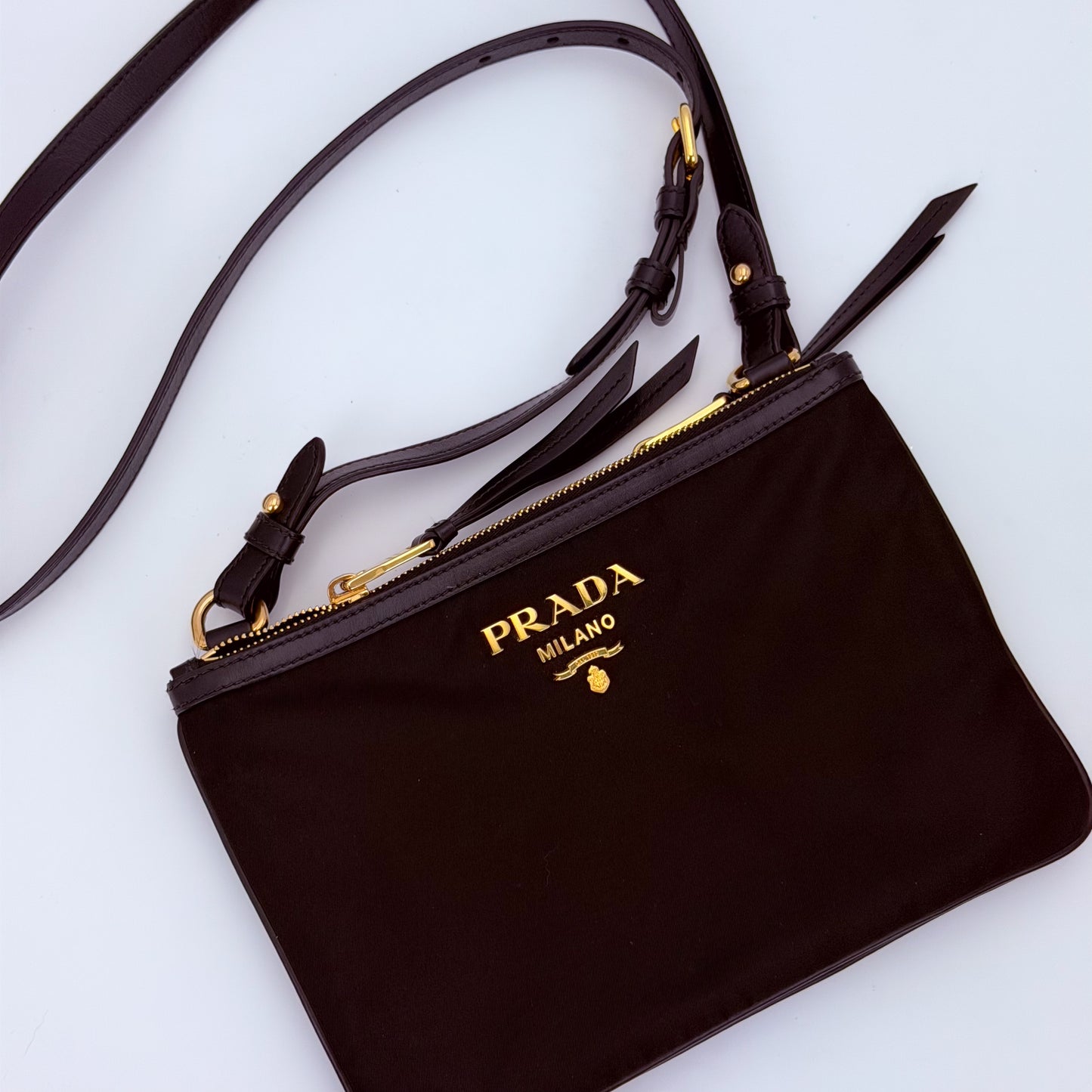 Prada Bandoliera Tessuto Nylon Double Zip Crossbody in Black (RRP £1100) | Authentic Preloved