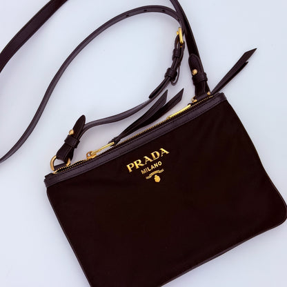 Prada Bandoliera Tessuto Nylon Double Zip Crossbody in Black (RRP £1100) | Authentic Preloved