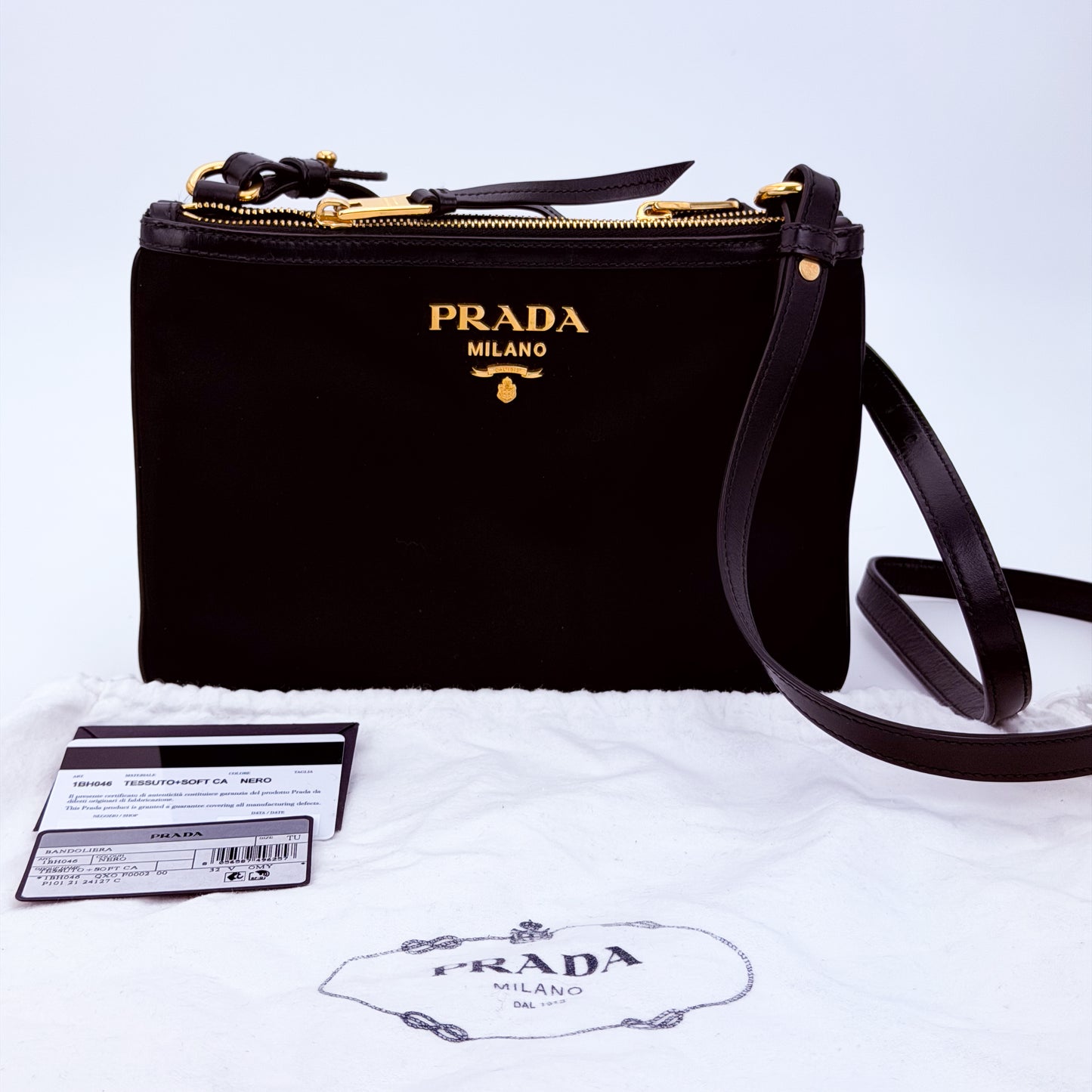Prada Bandoliera Tessuto Nylon Double Zip Crossbody in Black (RRP £1100) | Authentic Preloved