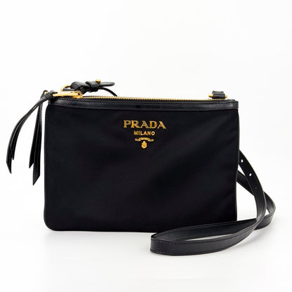 Prada Bandoliera Tessuto Nylon Double Zip Crossbody in Black (RRP £1100) | Authentic Preloved