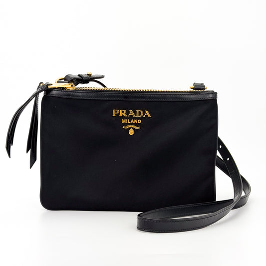 Prada Bandoliera Tessuto Nylon Double Zip Crossbody in Black (RRP £1100) | Authentic Preloved