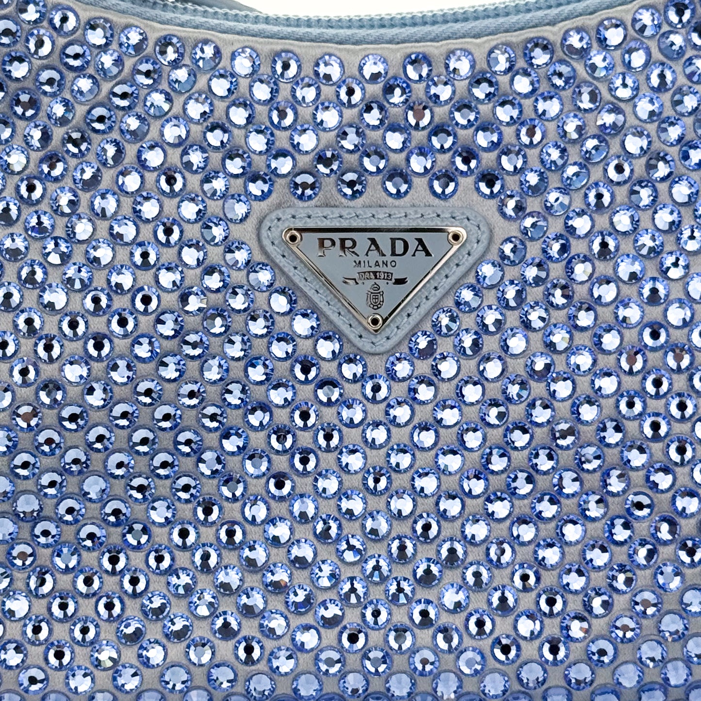 Preloved Prada Re-Edition 2000 Crystal Embellished Satin Mini Bag with Close Up Detail
