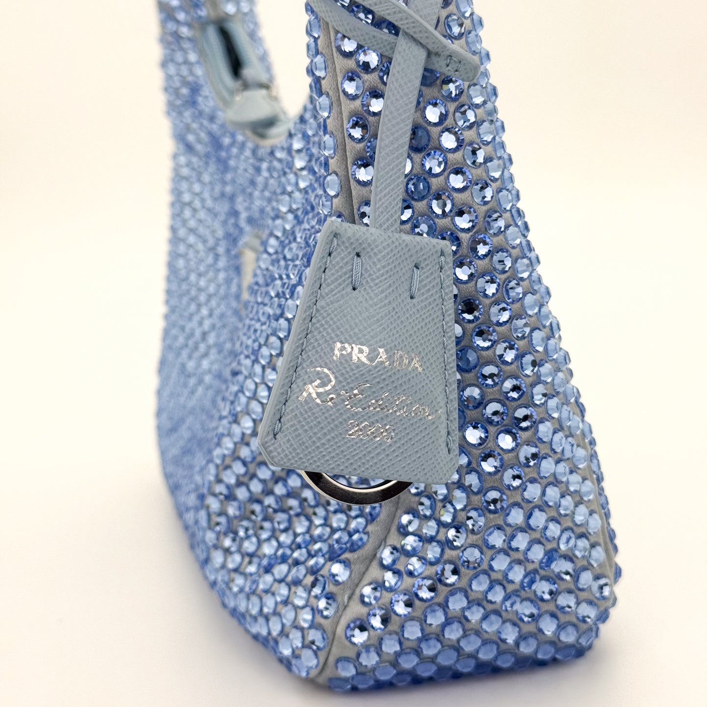 Preloved Prada Re-Edition 2000 Crystal Embellished Satin Mini Bag Hang Tag