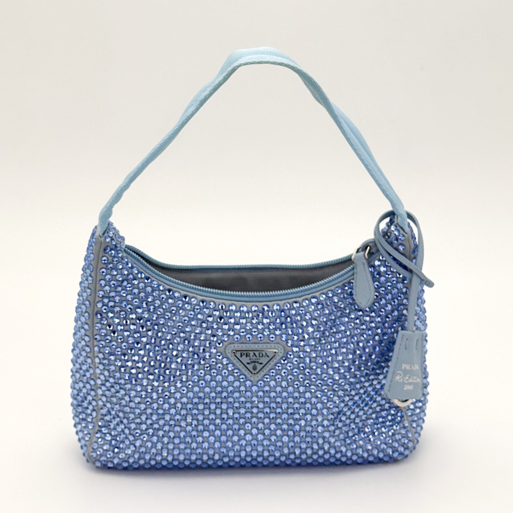 Preloved Prada Re-Edition 2000 Crystal Embellished Satin Mini Bag Front View