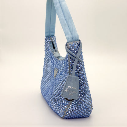 Side View of a Preloved Prada Re-Edition 2000 Crystal Embellished Satin Mini Bag 